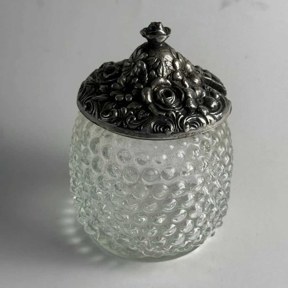 Hobnail Clear Glass Jam Honey Jar Ornate Floral Silver Tone Lid C105 WB 5in